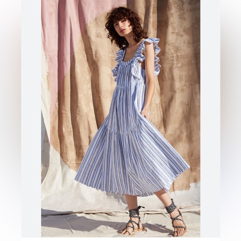 Apiece Apart Midi Dress 2 Ossetia Tiers Seaside Stripe Blue White A-Line